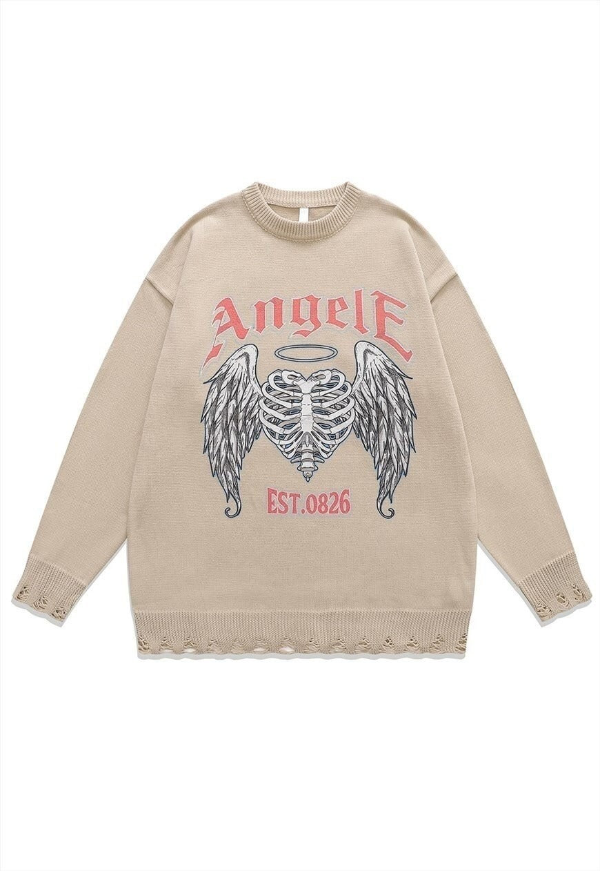 Angel wings sweater bones knit distressed scary jumper grey