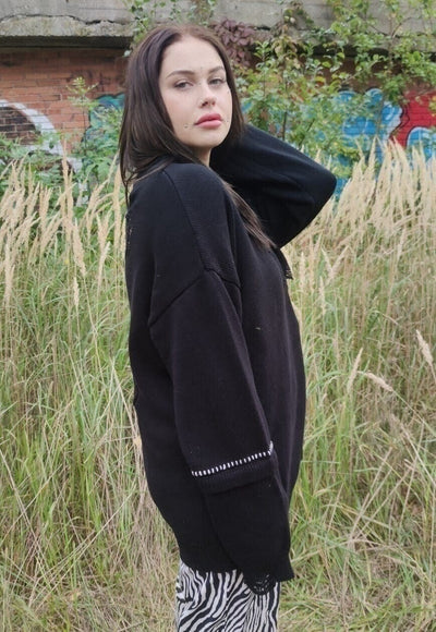 Asymmetric ripped sweater knitted distress jumper in black