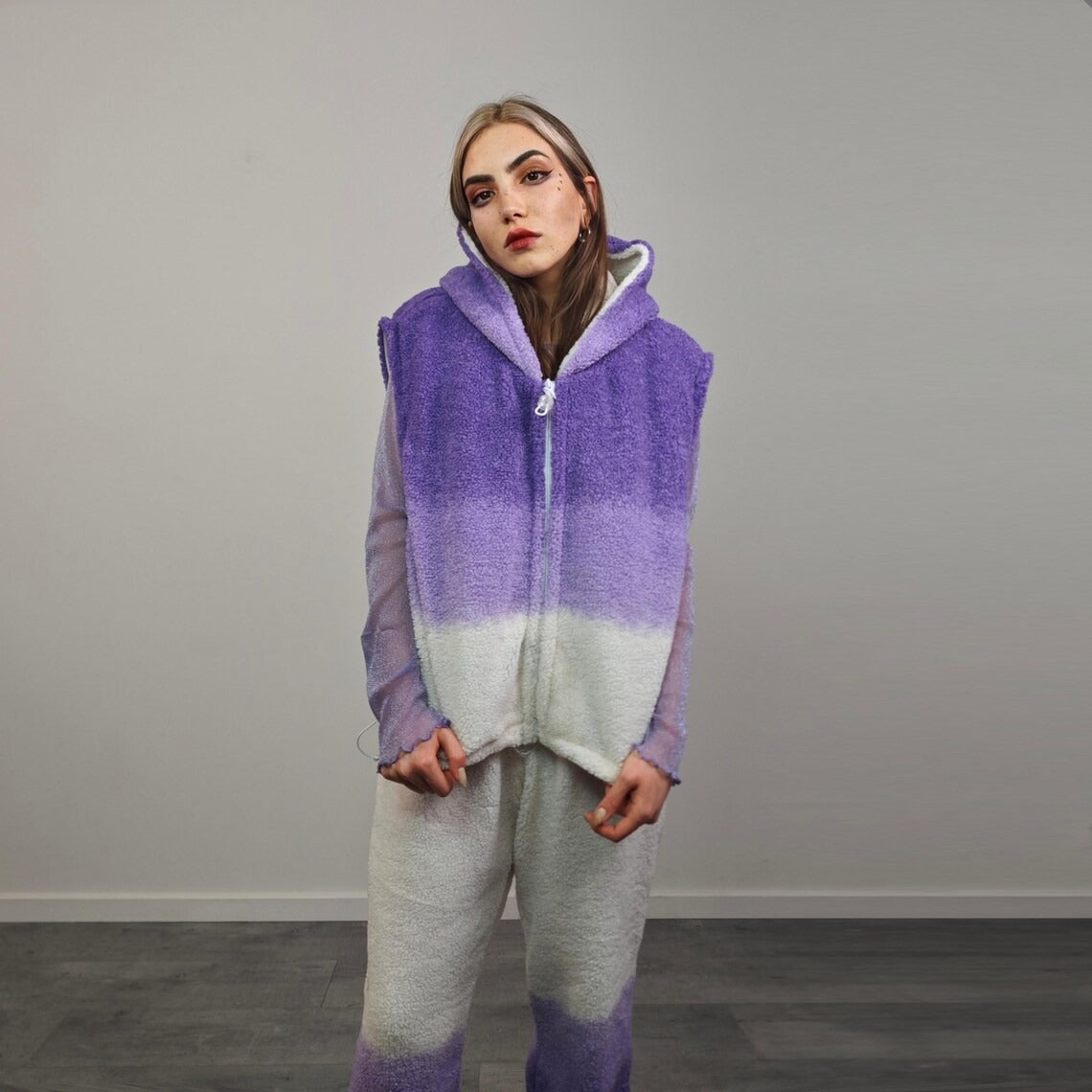 Cropped hooded fleece jacket purple gradient short rave bomber sports set burning man outfit detachable sleeves festival overcoat carnival
