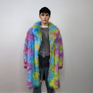 Rainbow Faux fur long coat unicorn trench neon raver bomber fluffy tie-dye fleece psychedelic festival jacket burning man going out coat