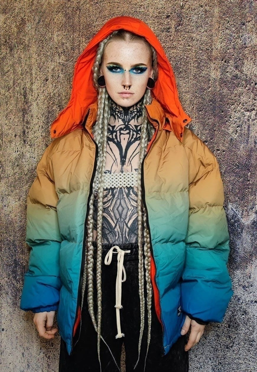 Gradient rainbow bomber tie-dye jacket rave puffer orange