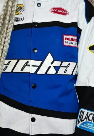 Motorcycle jacket multi patch padded racing bomber in blue