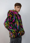 Hooded faux fur stripe neon jacket festival bomber rave coat