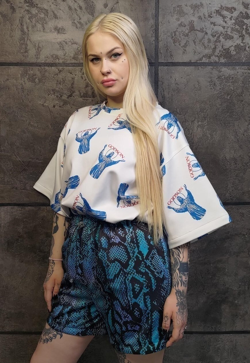 Snake print shorts handmade python overalls in tie-dye blue