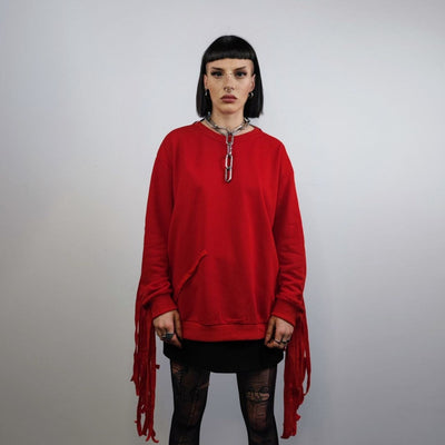 Cowboy sweatshirt tassels jumper Wild West top boho catwalk top going out long sleeve gothic sweat fancy dress sweater in red