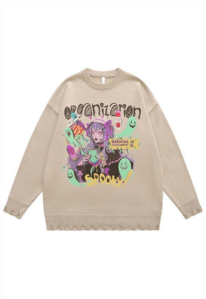 Anime sweater spooky jumper ripped knitted Kawaii top grey