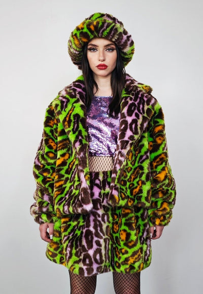 Short leopard trench coat green cropped animal print jacket