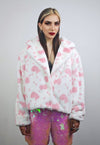 Cow trench coat pink white cropped animal print plush jacket