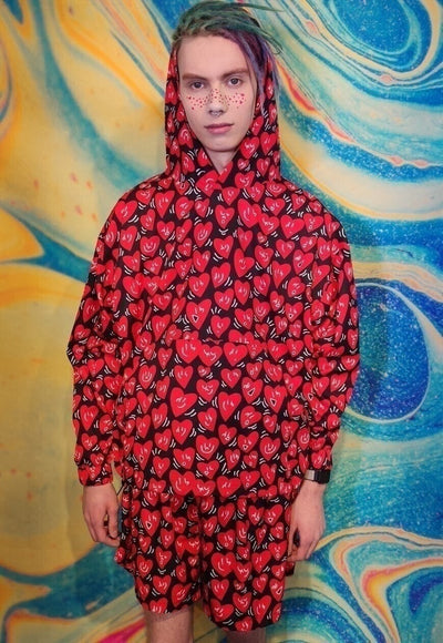 Heart print hoodie handmade love emoji pullover in red