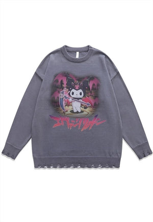 Anime sweater Manga knit distressed Japanese jumper in black