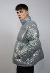 Sequin bomber jacket silver metallic embellished rave puffer