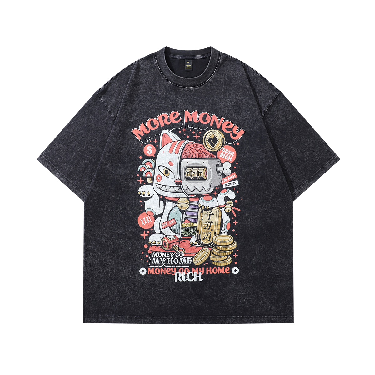 Maneki neko t-shirt money manifestation tee Y2k cat cartoon top in vintage grey