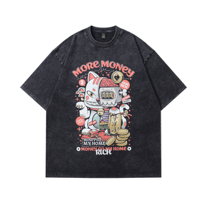 Maneki neko t-shirt money manifestation tee Y2k cat cartoon top in vintage grey