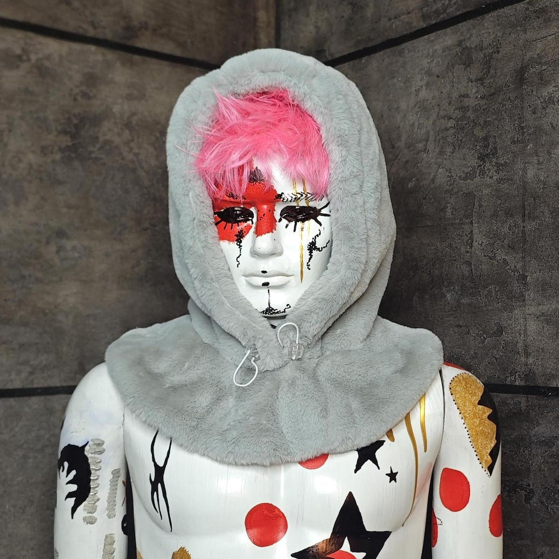 Faux fur hood letter print snood handmade hooded hat tiger slogan pattern all over fluffy fleece scarf unisex bucket grunge rabbit headwear