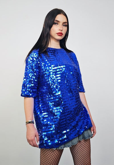 Blue sequin top embellished luxury embroidered party t-shirt