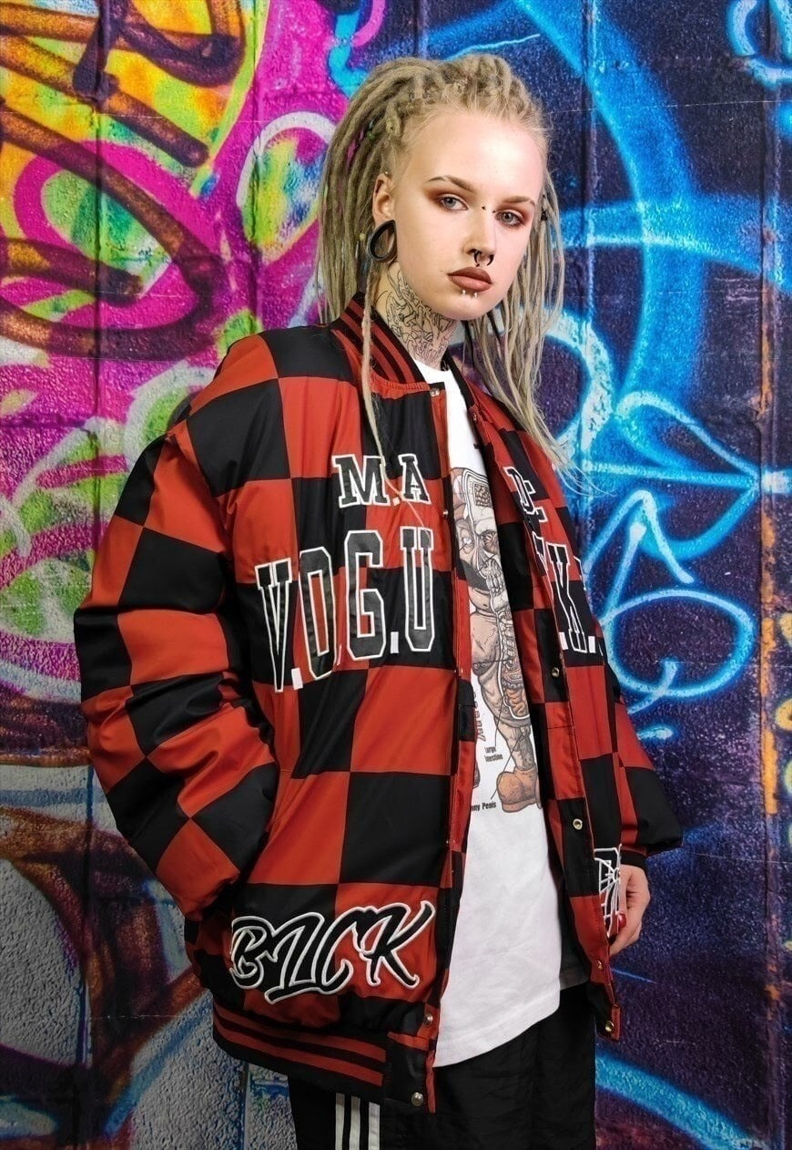 Vogue bomber jacket Chess puffer checkerboard coat in red