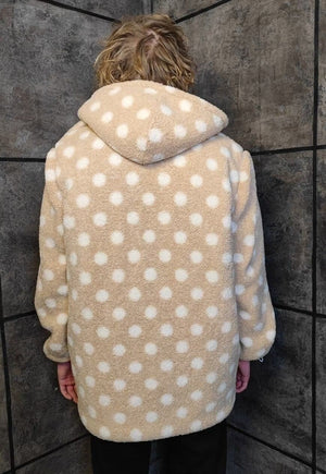 Polka dot fleece coat handmade 2in1 hood trench jacket cream