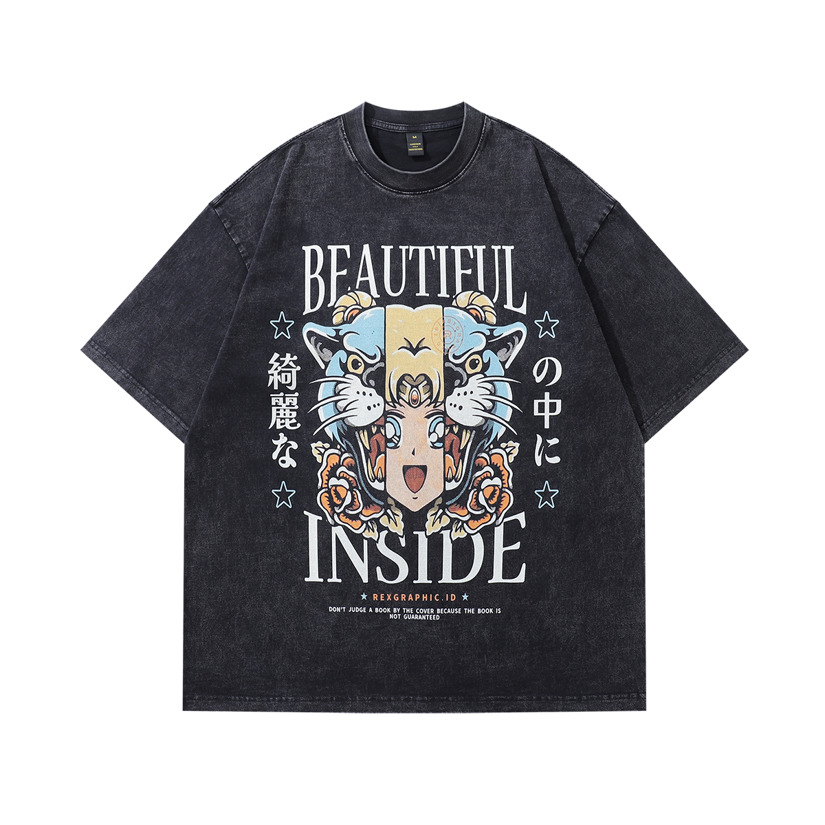 Tiger t-shirt anime print tee Japanese cartoon top in vintage grey