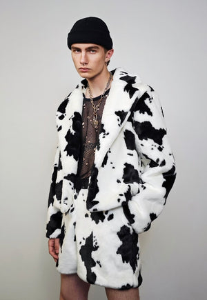 Short cow print coat faux fur cropped animal print trench