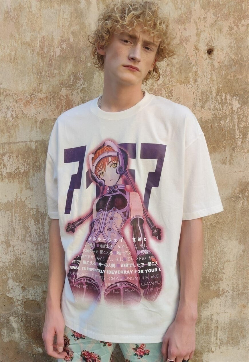 Anime print t-shirt multi slogan Korean tee in white