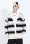 Striped fluffy cardigan knitted long hair jumper woolen top