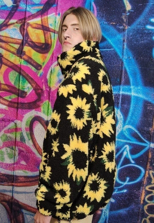 Sunflower fleece bomber handmade daisy floral coat jacket