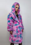 Tie-dye pink fleece gradient coat long fluffy hooded trench