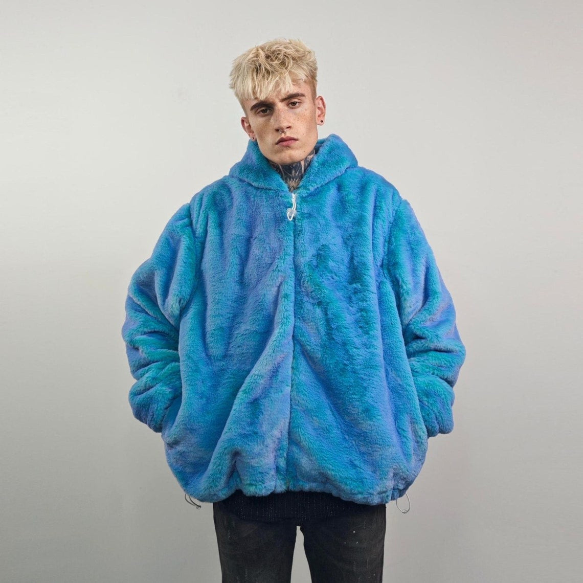Chameleon faux fur jacket blue luminous fleece color changing bomber psychedelic pullover detachable sleeves handmade rave festival overcoat