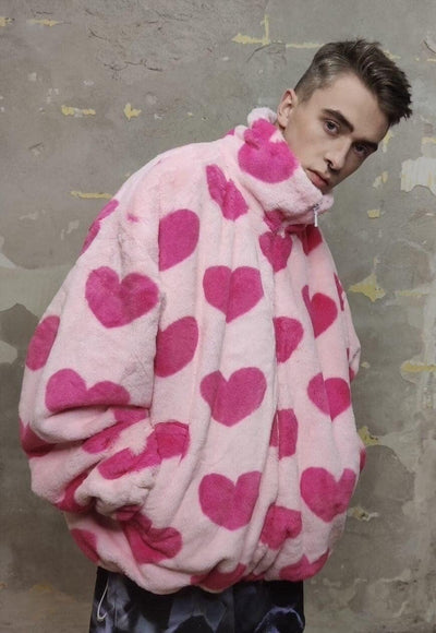 Heart fleece bomber handmade fluf love jacket in pastel pink