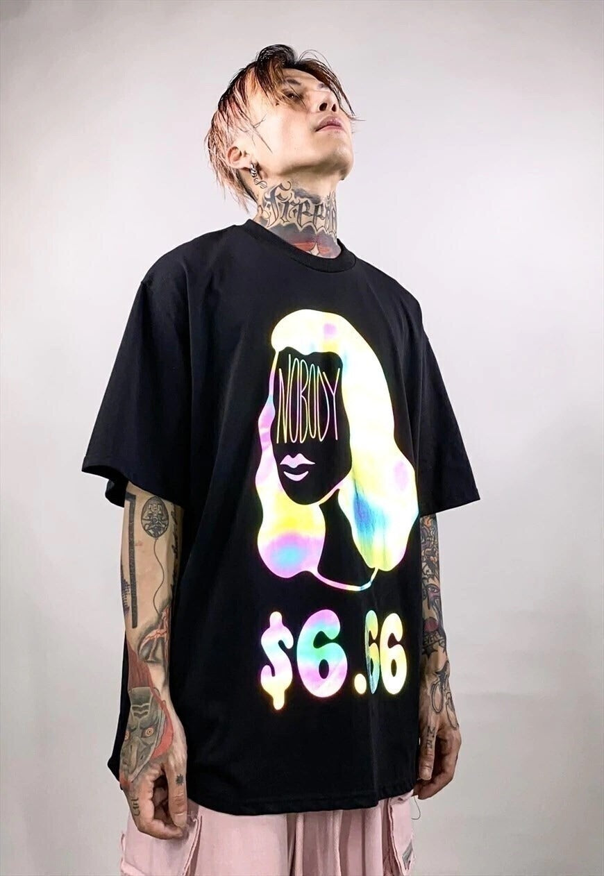 Reflective money girl print tee nobody paid slogan t-shirt