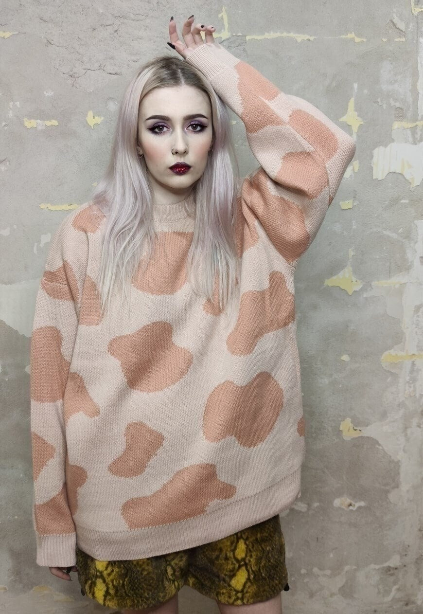 Cow sweater animal print top dot pattern jumper pastel pink
