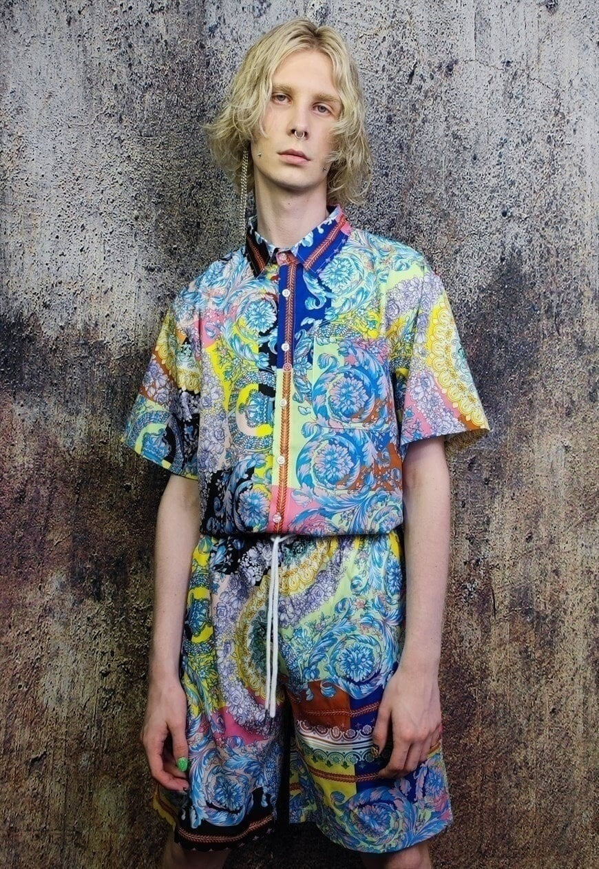 Fluorescent sports set floral pattern shirt & shorts combo