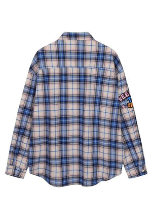 Retro check shirt long sleeve vintage wash top in blue