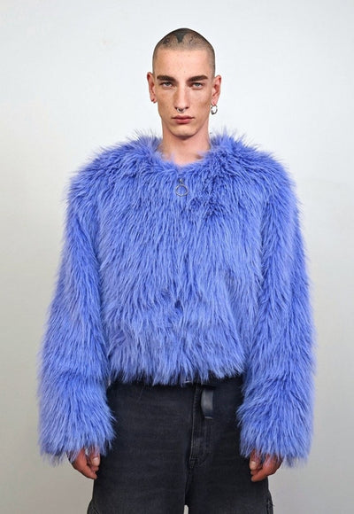 Shaggy fur coat blue hooded cropped trench festival jacket