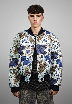 Leopard varsity jacket blue animal print reversible bomber