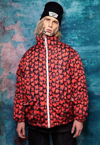 Heart print bomber handmade detachable retro love emoji puffer devil horn reversible grunge jacket two sided raver coat in red and white