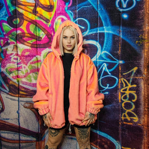 Luxury faux fur jacket handmade detachable fluffy bomber fluorescent luminous puffer premium grunge coat in bright neon pink orange