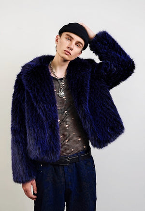 Short shaggy faux fur coat blue cropped fuzzy hair trench