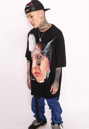 Raver face print t-shirt grunge graffiti tee anime top black