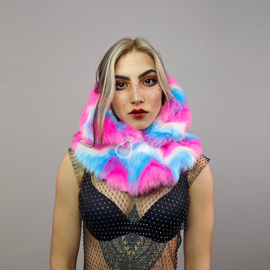 Pink faux fur hood rainbow snood handmade hooded party hat all over fluffy rave fleece scarf burning man striped bucket unicorn headwear