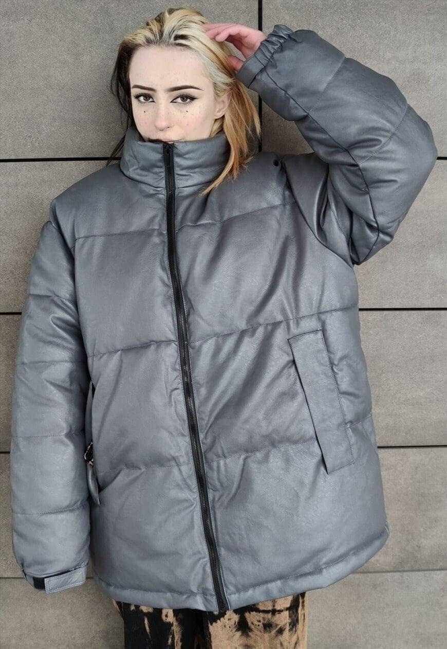 Faux leather quilted bomber rubber padded puffer jacket grey