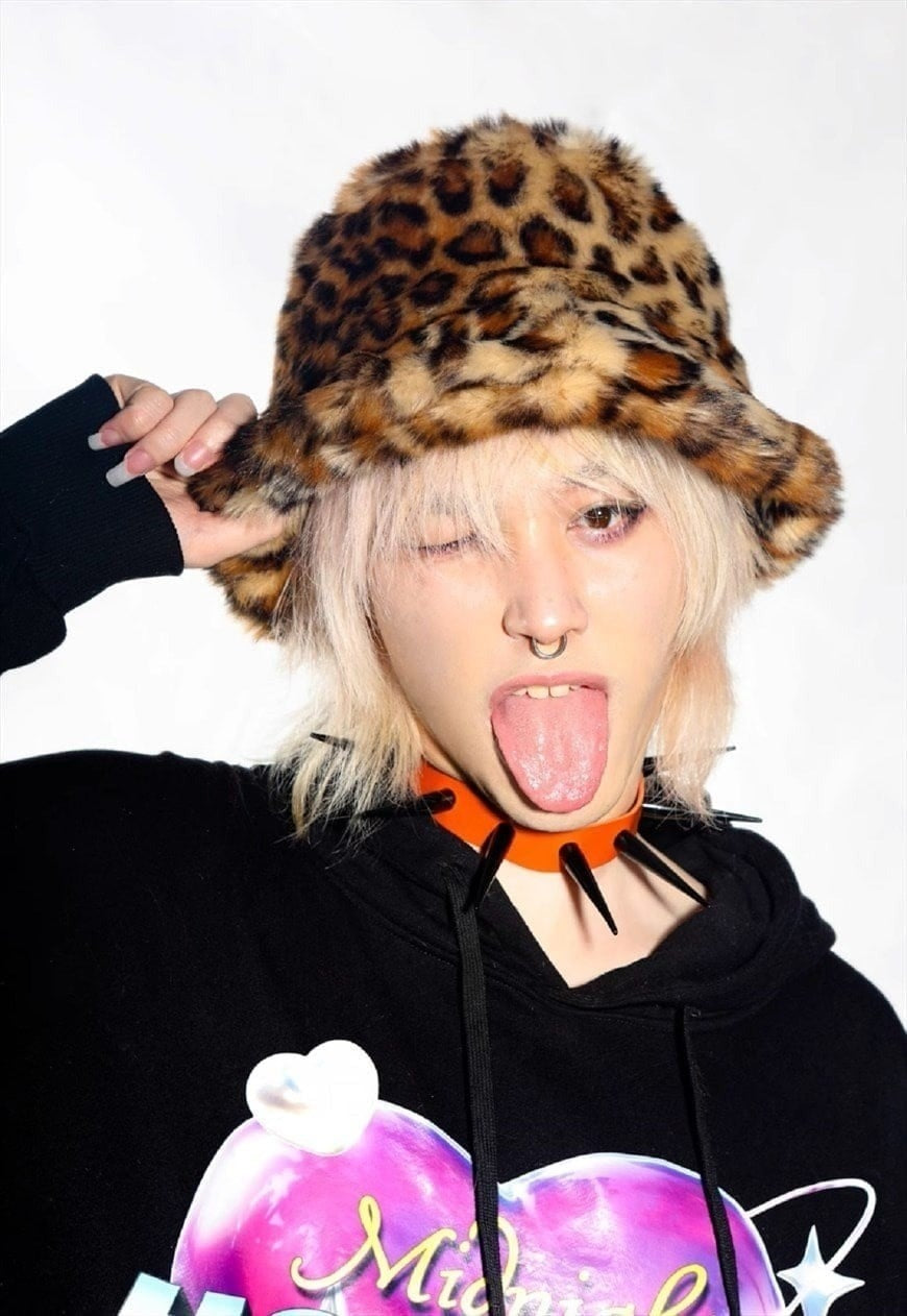 Festival faux fur bucket hat fluffy leopard hat animal print
