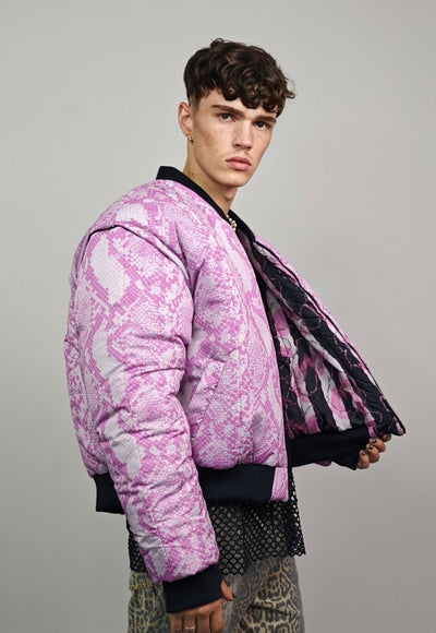 Pink snake varsity jacket Python print reversible bomber