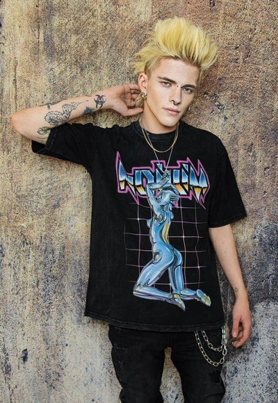 Cyber punk t-shirt grunge tee retro robot top in acid black