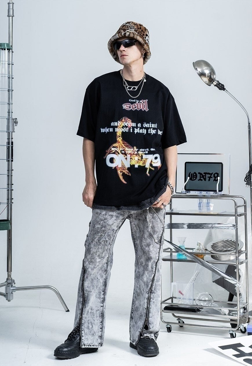 Scorpion print t-shirt Devil slogan top grunge tee in black