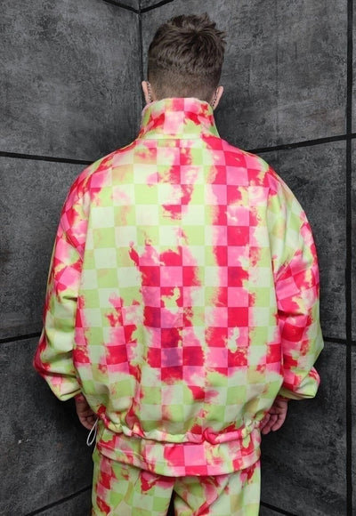 Check fleece jacket handmade reversible tie-dye bomber red