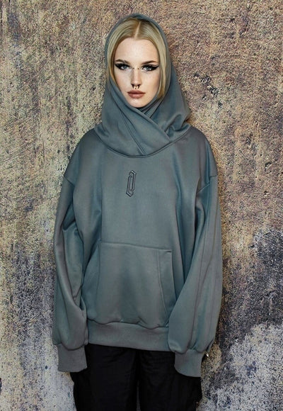 Raised neck hoodie grunge pullover retro Japanese top grey