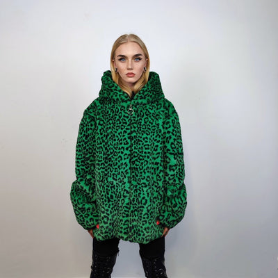 Hooded faux fur leopard jacket animal print bomber bright raver coat fluffy cheetah fleece festival puffer neon burning man overcoat green