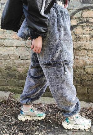 Faux fur joggers snake print fleece pants detachable shorts