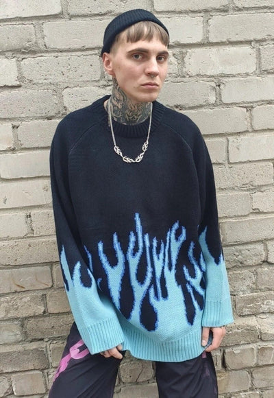 Flame sweater oversize knitted fire jumper Korean top blue